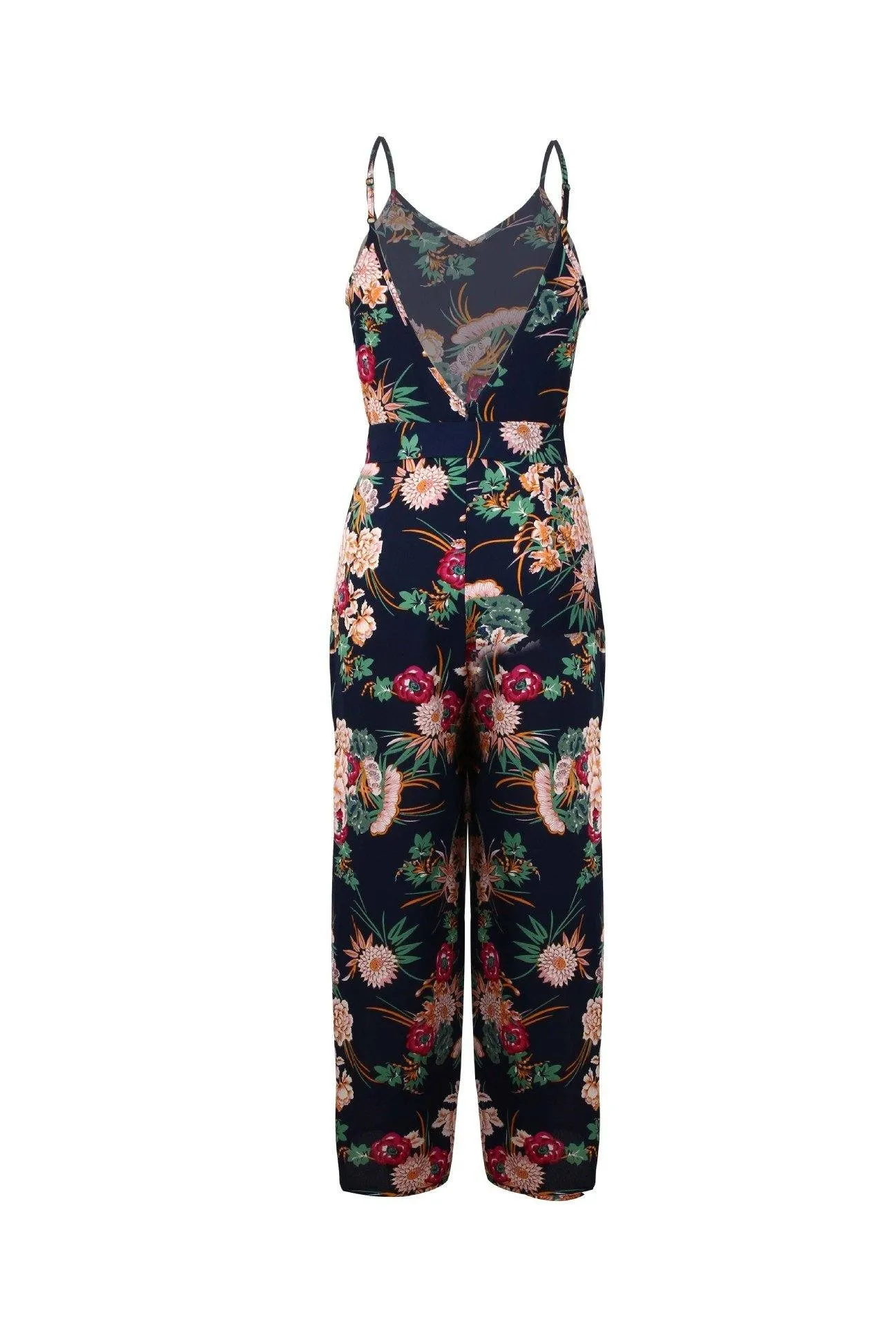 V Neck Floral Slit Jumpsuit - Green