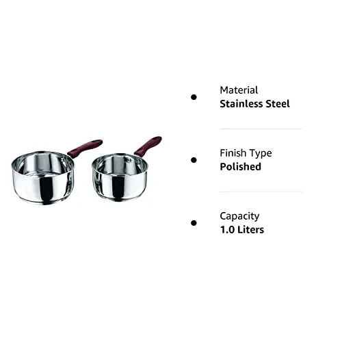Vinod Stainless Steel Milkpan/Saucepan Set of 2 - 1 Litre and 1.6 Litre,Tea/Chai Pan,Riveted Sturdy Bakelite Handle,Induction and Gas Base 2 Year Warranty