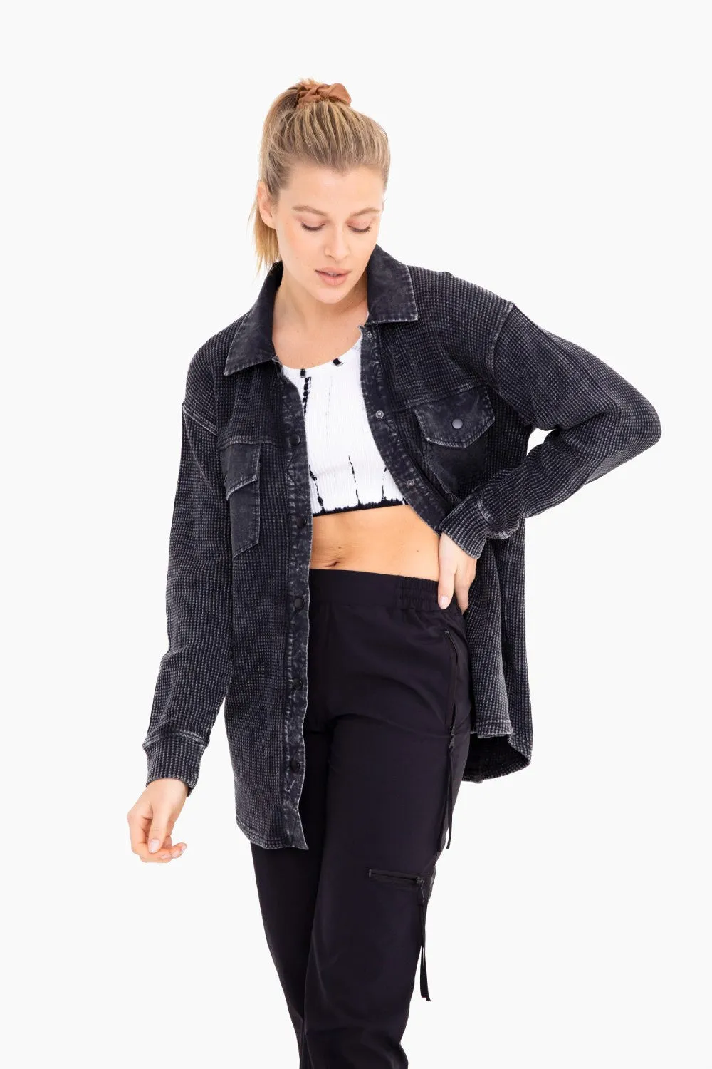 Waffle Knit Mineral-Washed Long Button Down Jacket