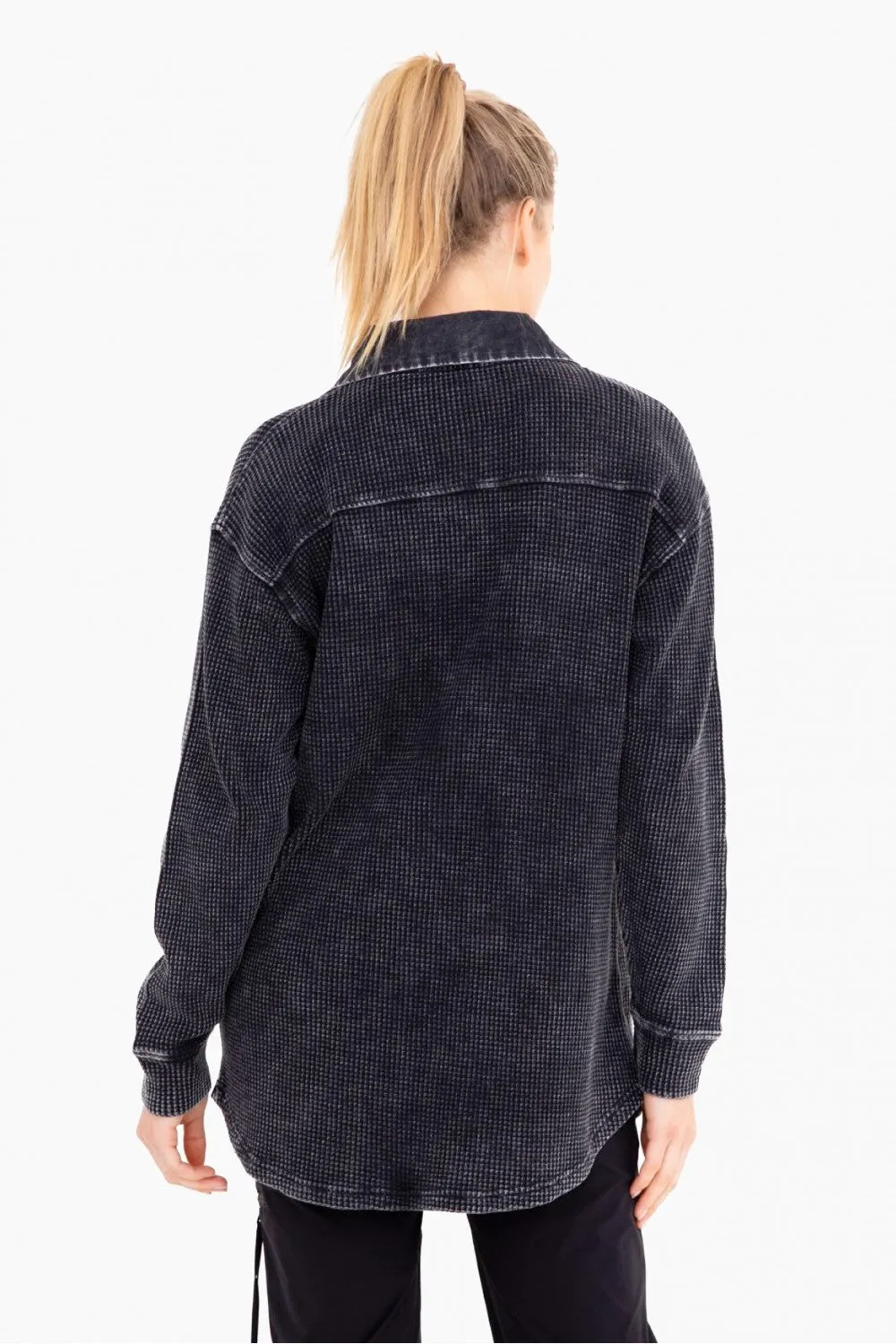 Waffle Knit Mineral-Washed Long Button Down Jacket