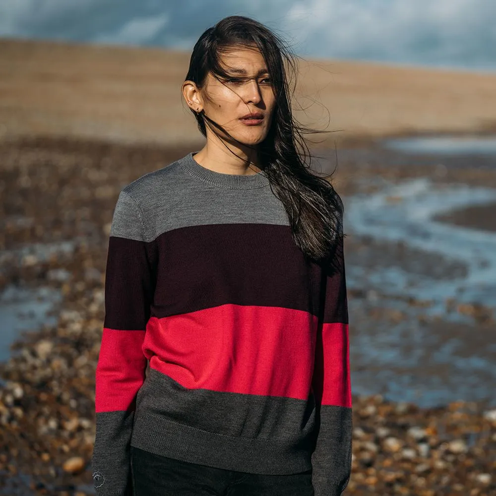 Womens Merino Block Stripe Sweater (Charcoal/Wine/Fuchsia/Smoke)