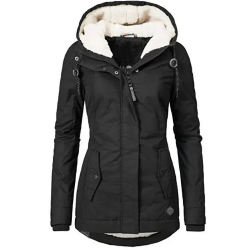 Women's Warm Winter Jacket Mid Long with Hood, Full Zipper, Polyester Fiber Filling, Solid Color