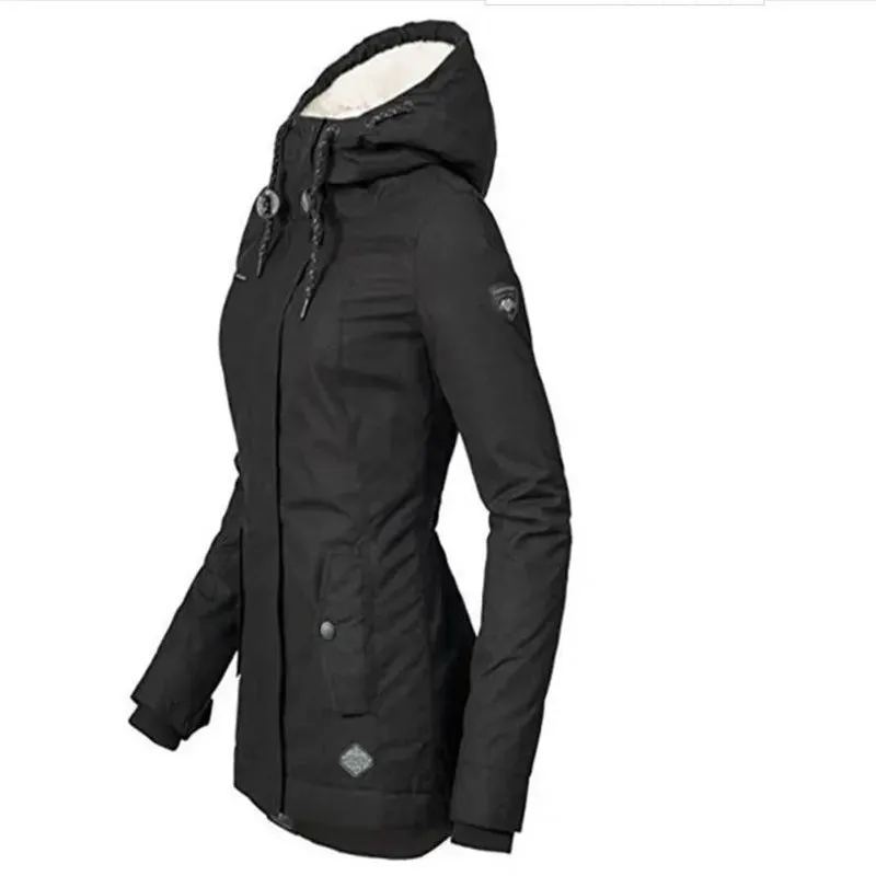 Women's Warm Winter Jacket Mid Long with Hood, Full Zipper, Polyester Fiber Filling, Solid Color