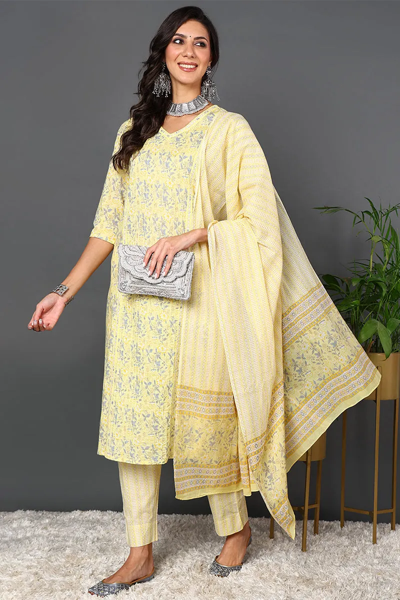 Yellow Pure Cotton Floral Printed Straight Suit Set