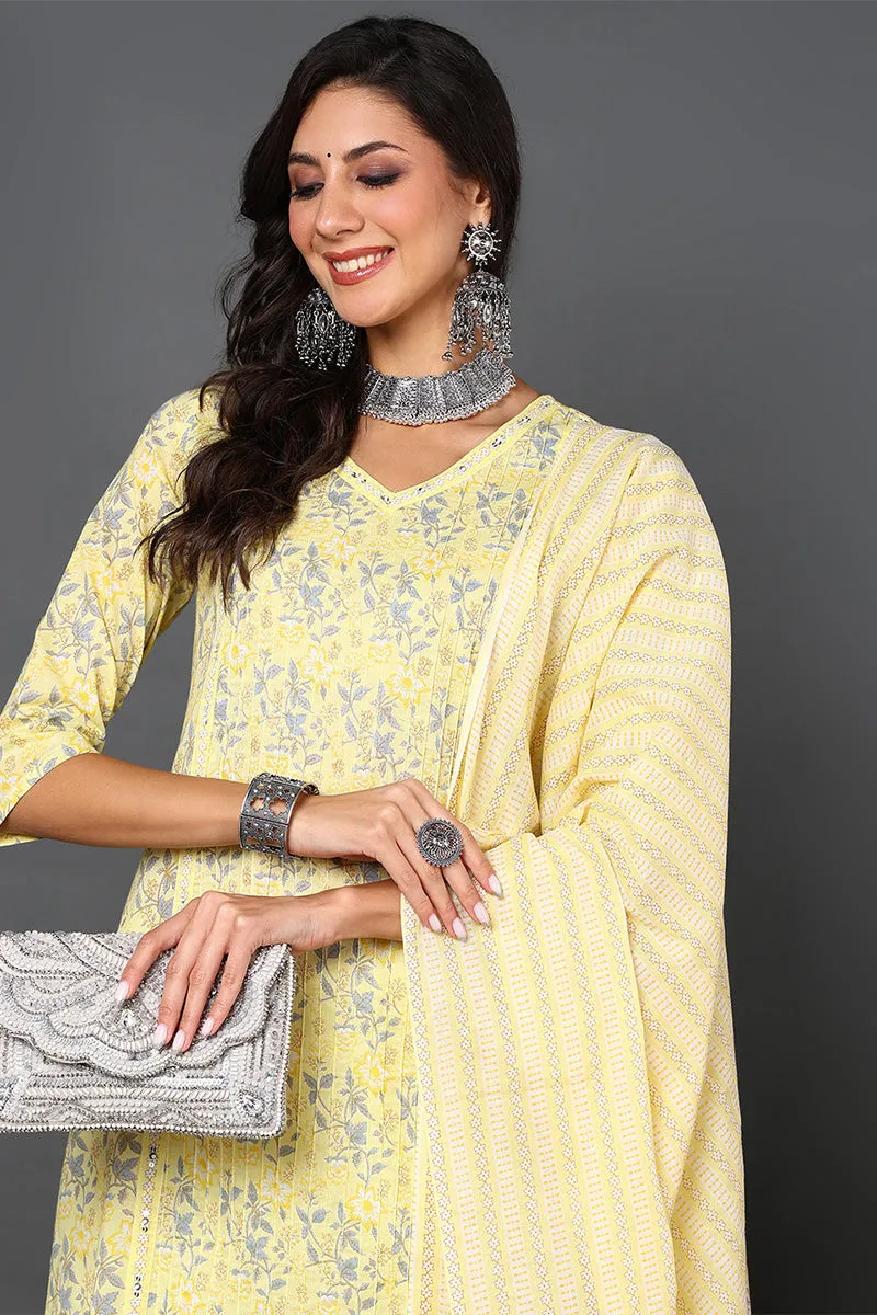 Yellow Pure Cotton Floral Printed Straight Suit Set