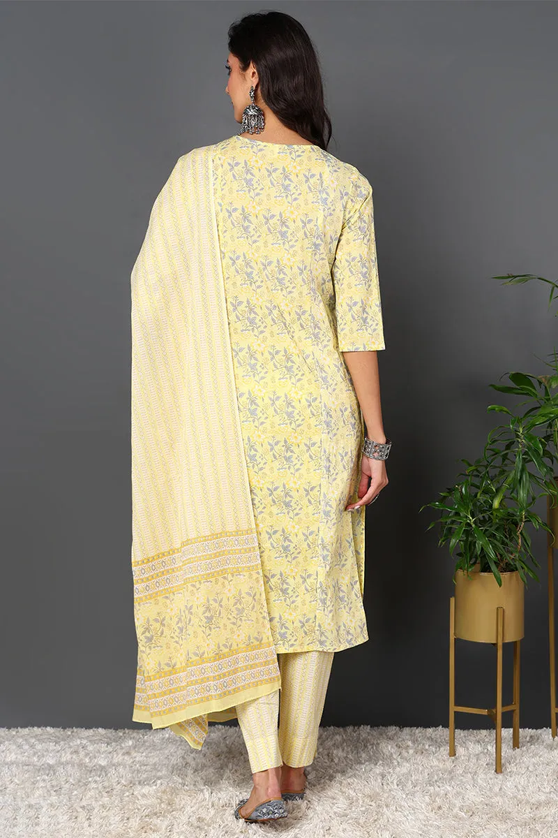 Yellow Pure Cotton Floral Printed Straight Suit Set